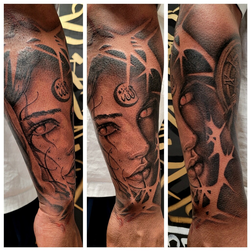 Black and grey portrait sleeve shown from three angles against a gold calligraphy wall