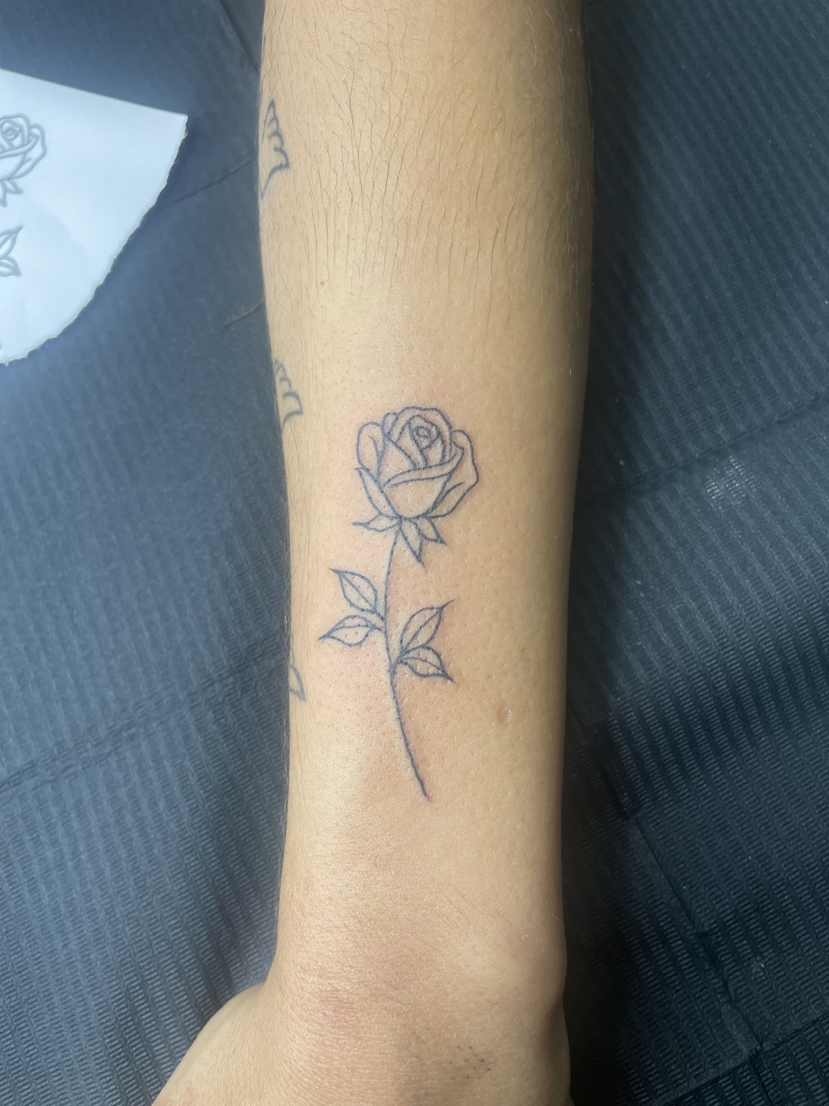 Fine line rose with stem and leaves on a forearm